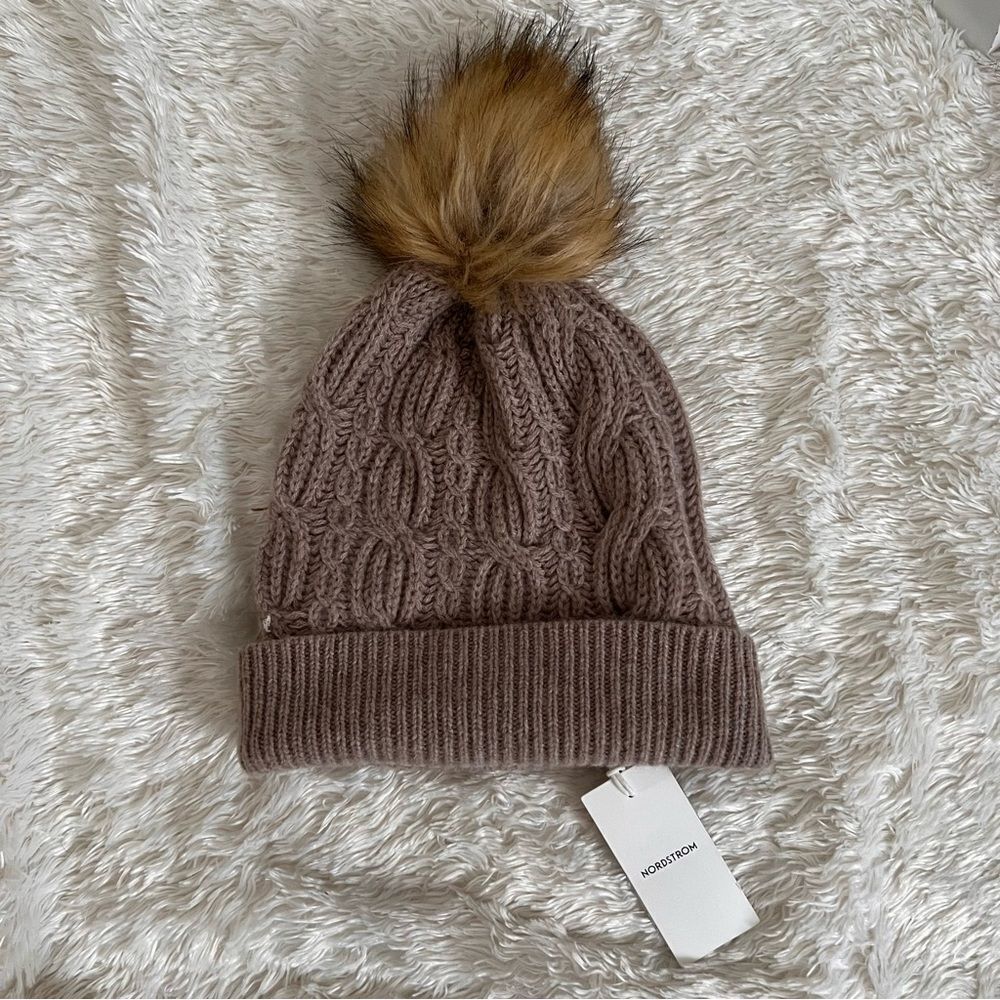 Nordstrom TAN HEATHER Wool Cashmere Blend Knit PomPom Beanie NEW MSRP $60